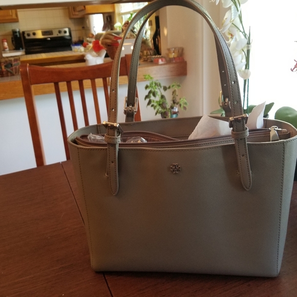 Authentic Tory Burch gray saffiano leather tote in like new condition. - Picture 7 of 13